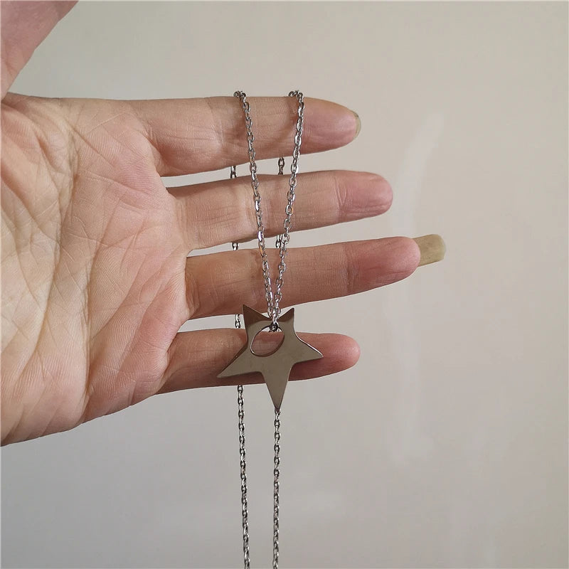 Kpop Vintage Punk Silver Color Star Pendant Bead Necklace for Men Women Street Hip Hop Aesthetic Grunge Jewelry Y2K Accessories