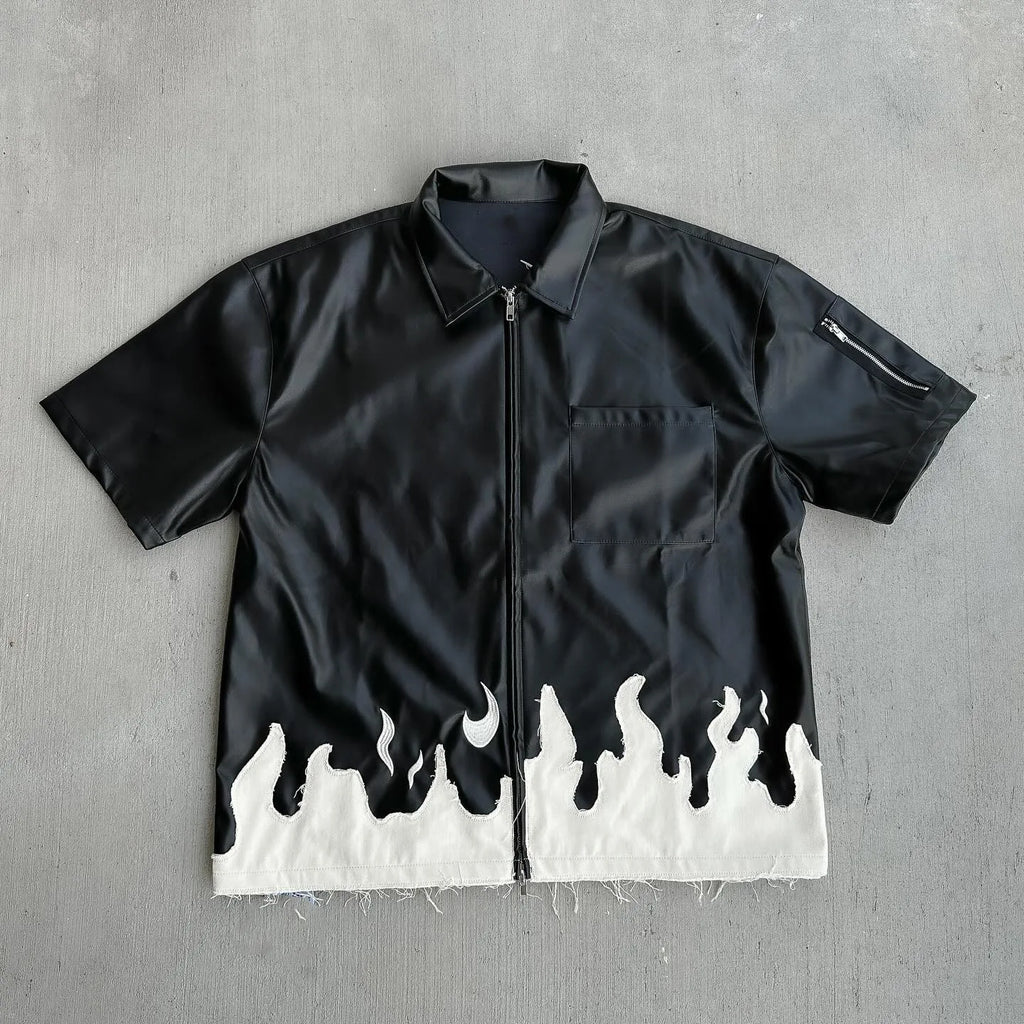 2025 New Trendy Spring and Autumn Collage Color Contrasting American Street Hip Hop Men's and Women's Zipper Shirt