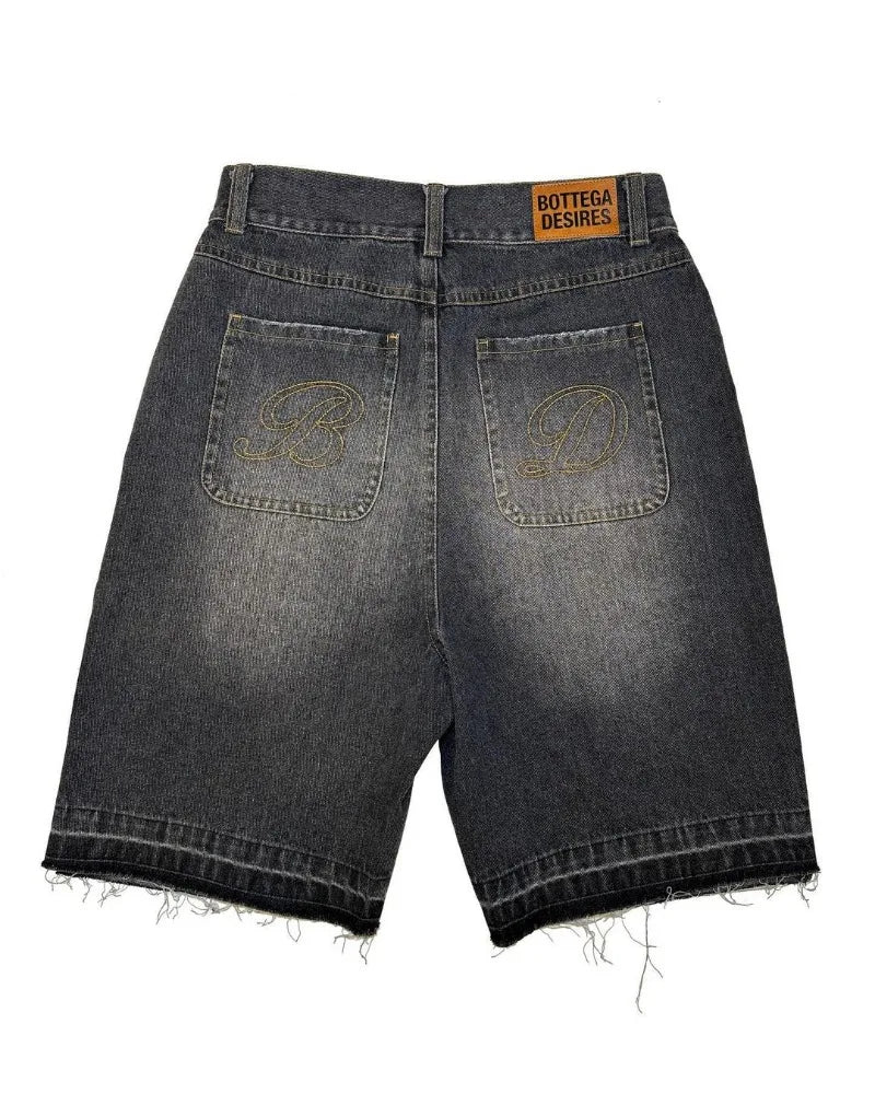 American Street  Retro Denim Shorts with Letter Embroidery Oversized Jeans Men  Loose Casual Versatile Shorts