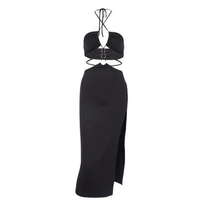 European and American summer  women's party dress Y2k sexy hollow lace up high slit long dress for women