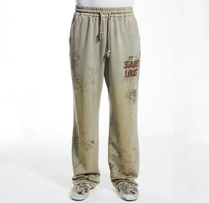 High Street Men Women Hip Hop Best Pants Vintage SAINT LOUIS Drawstring Destruction Splattered Ink Letters Print Sweatpants