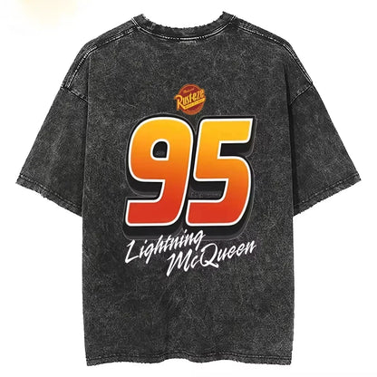 Washed T-Shirt Vintage Car 95 Lightning McQueen Hip Hop Vintage Unisex T-Shirt Streetwear Short Sleeve Top T-Shirt Ladies