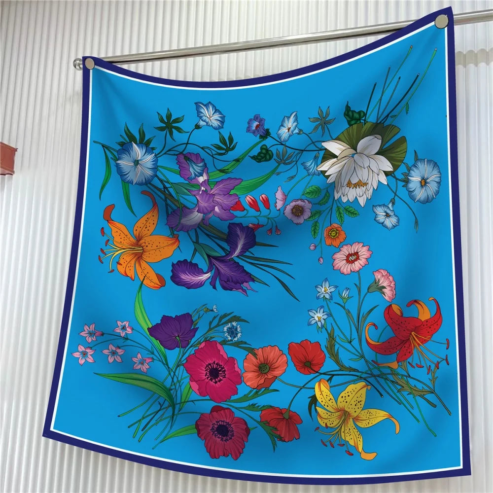 Silk Scarf Women Floral Printed Square Scarves Head Echarpes Silk Foulards Femme Wraps Beach Shawls Bandana Lady Hijabs 90CM