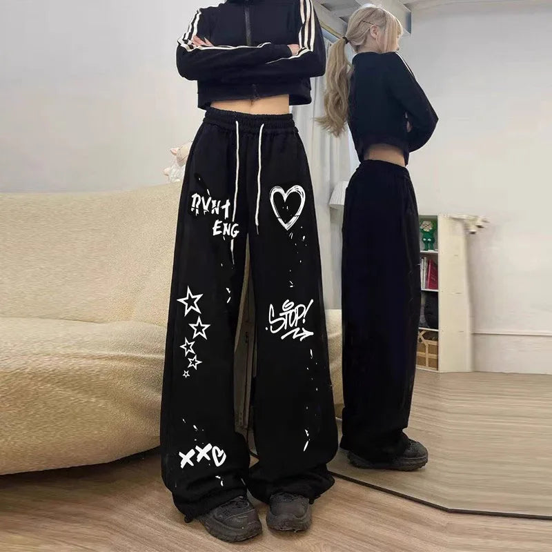 American retro graffiti summer casual solid color straight leg pants for men and women High street jazz hip hop wide leg sports