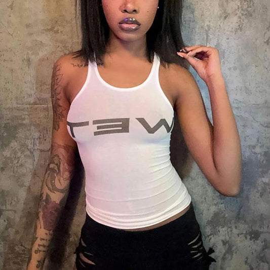 Summer Womens White Sexy Tank Tops Sheer Slim Y2K Crop Tops Letter Printed Female Sleeveless Tshirts Vest Fashion Streetwear