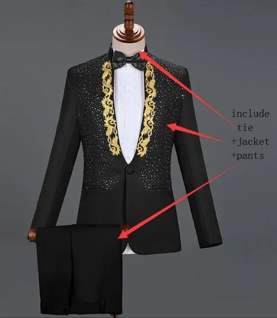 Autumn Slim Printed Wedding Men Suit Jacket Set For Marriage High Quality Stage Performance Host Formal Black Men Blazer