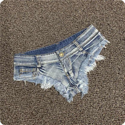Women's Shorts Sexy Hole Rivet Low Waist Thong Denim Ultra Mini Short Female Bikini Jeans Feminino Nightclub