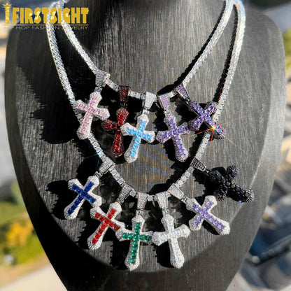 New Iced Out Bling Cross Pendant Necklace Silver Color Rectangle CZ Cubic Zirconia Blue Pink Charm Hip Hop Men Jewelry