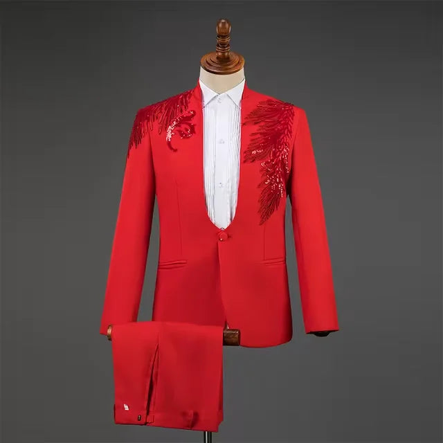 Autumn Slim Printed Wedding Men Suit Jacket Set For Marriage High Quality Stage Performance Host Formal Black Men Blazer