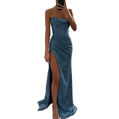 Off-shoulder Gown Dress Elegant Sequin V-neck Maxi Dress for Evening Party Prom Off Shoulder Slim Sexy Split Long Dress