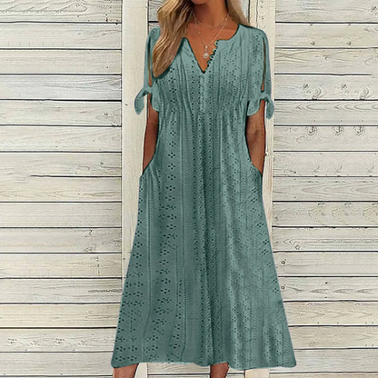 Dresses for Elegant Ladies White Party Dresses Hollow Out Bow Short Sleeve Lace Waist Pocket Wedding Mother Dress Vestidos Mujer