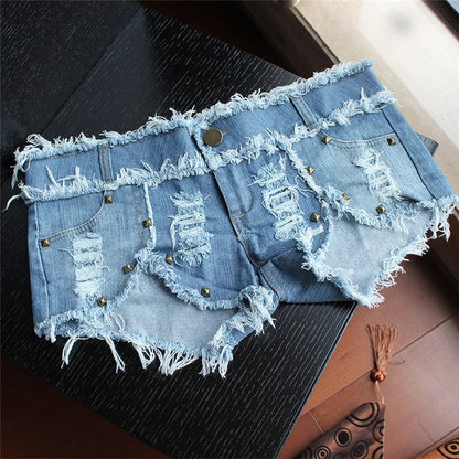Women's Shorts Sexy Hole Rivet Low Waist Thong Denim Ultra Mini Short Female Bikini Jeans Feminino Nightclub