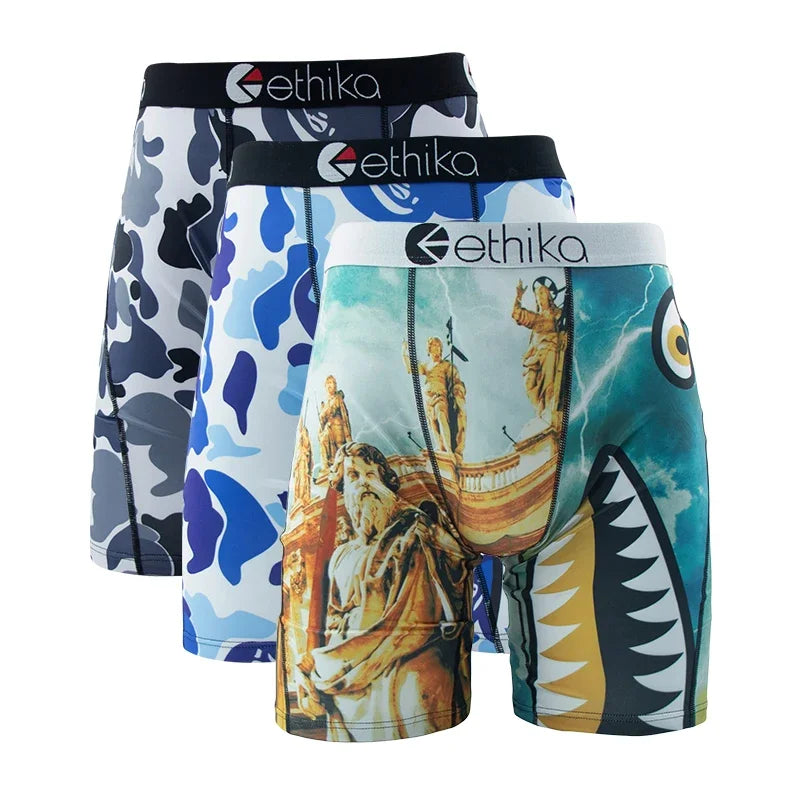3Pcs ETHIKA Sexy Men Underwear Boxers Fashion Shark Print Underpants Breathable Panties Lingeries Plus Size Boxer Briefs Trunks