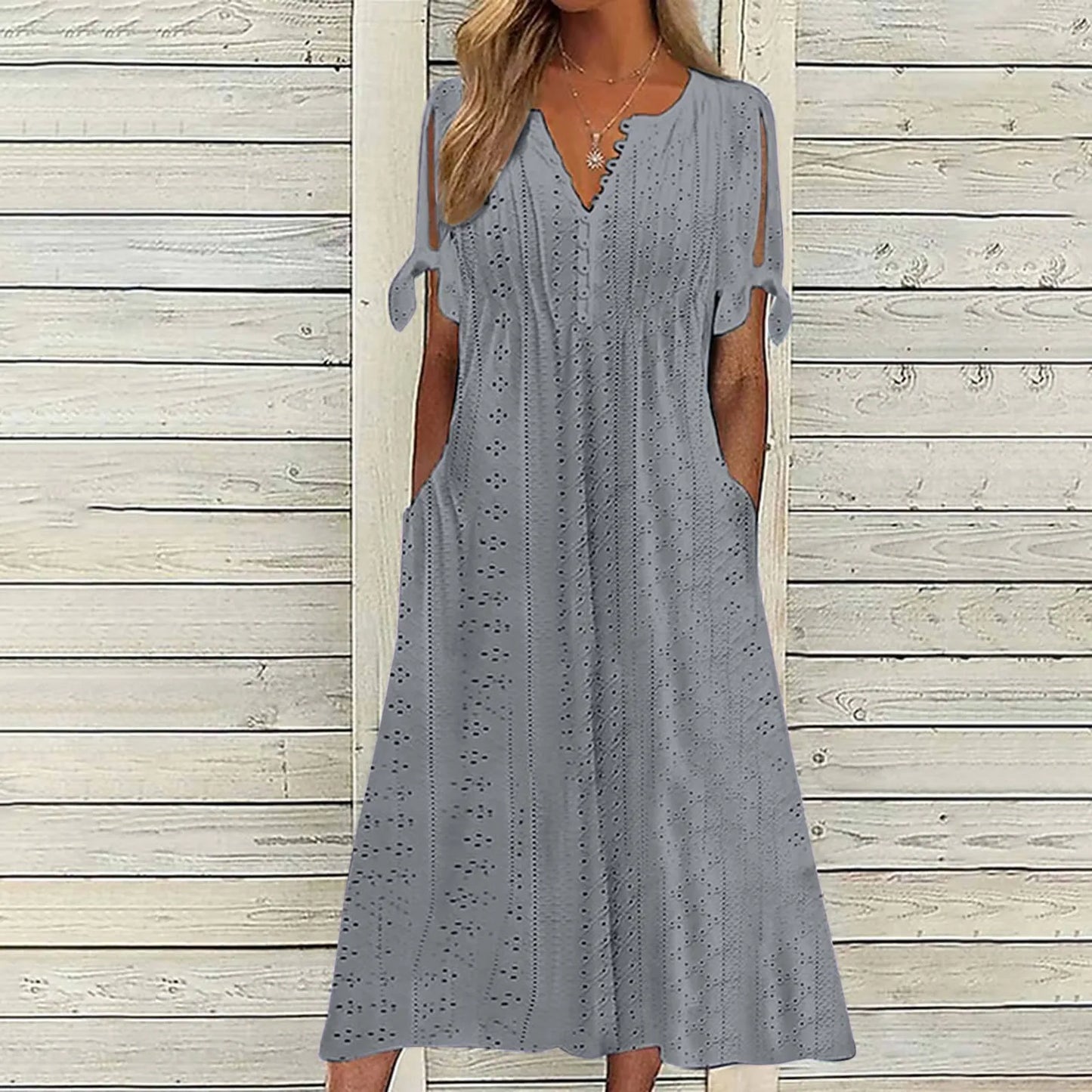 Dresses for Elegant Ladies White Party Dresses Hollow Out Bow Short Sleeve Lace Waist Pocket Wedding Mother Dress Vestidos Mujer