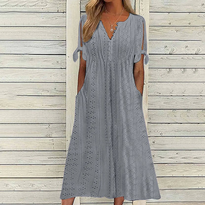 Dresses for Elegant Ladies White Party Dresses Hollow Out Bow Short Sleeve Lace Waist Pocket Wedding Mother Dress Vestidos Mujer