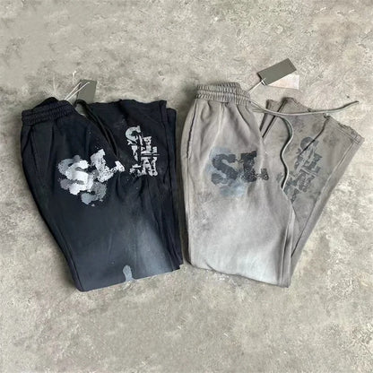 High Street Men Women Hip Hop Best Pants Vintage SAINT LOUIS Drawstring Destruction Splattered Ink Letters Print Sweatpants