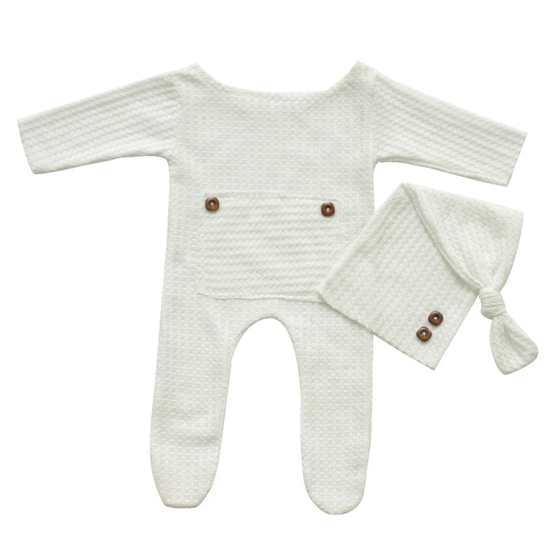 Newborn Photography Jumpsuit Buttons Hat Back Pocket Baby Boy Girl Photo Shooting Clothes Infant Bodysuit