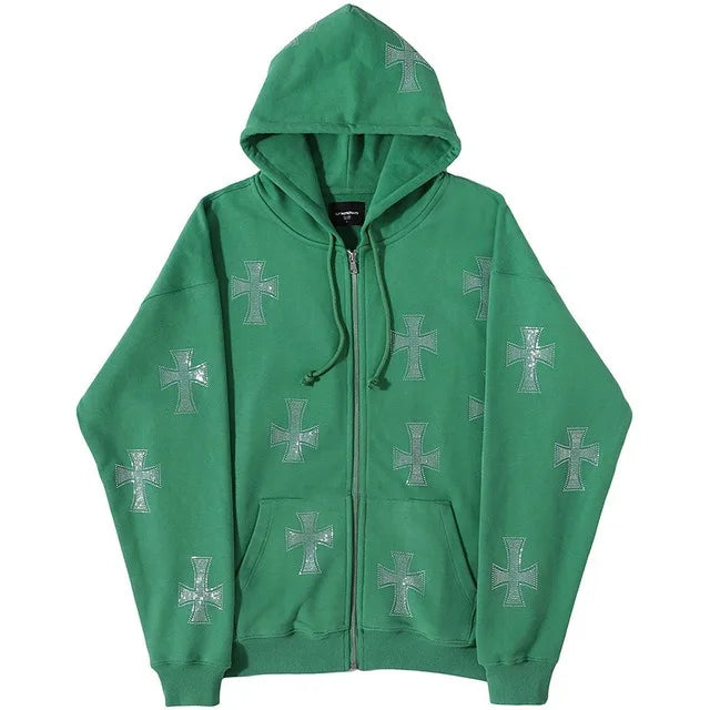 European and American loose top cross hot diamond hoodie women's high street  retro hip hop zipper Y2K hooded sweatshirt