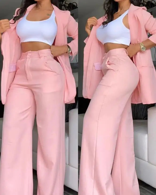 Two Pieces Set for Women Autumn 2024 New Fashion Casual Solid Daily Commuter Notched Collar Blazer Coat&pocket Design Pants Set