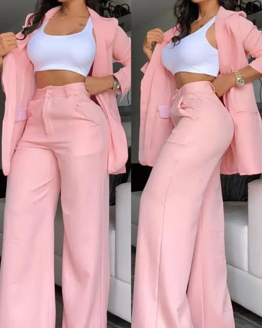 Two Pieces Set for Women Autumn 2024 New Fashion Casual Solid Daily Commuter Notched Collar Blazer Coat&pocket Design Pants Set