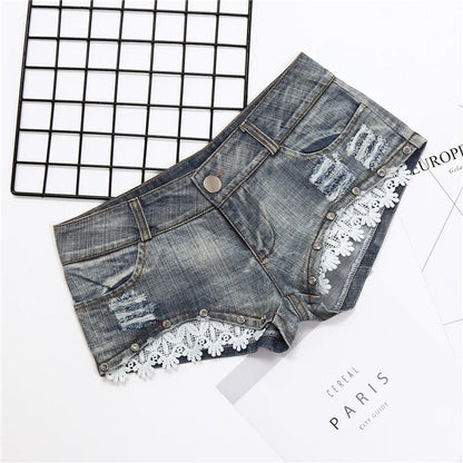 Women's Shorts Sexy Hole Rivet Low Waist Thong Denim Ultra Mini Short Female Bikini Jeans Feminino Nightclub
