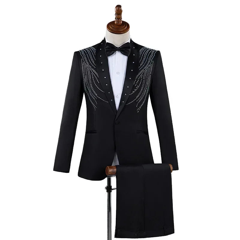 Autumn Slim Printed Wedding Men Suit Jacket Set For Marriage High Quality Stage Performance Host Formal Black Men Blazer