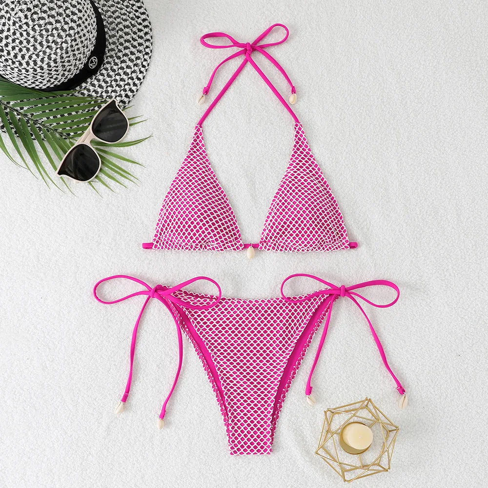 Grid Bikini Set for Women Solid Color 2 Piece Swimsuit Sexy Halter Lace-up Backless Thong Beach Vacation Swimwear 2025 New