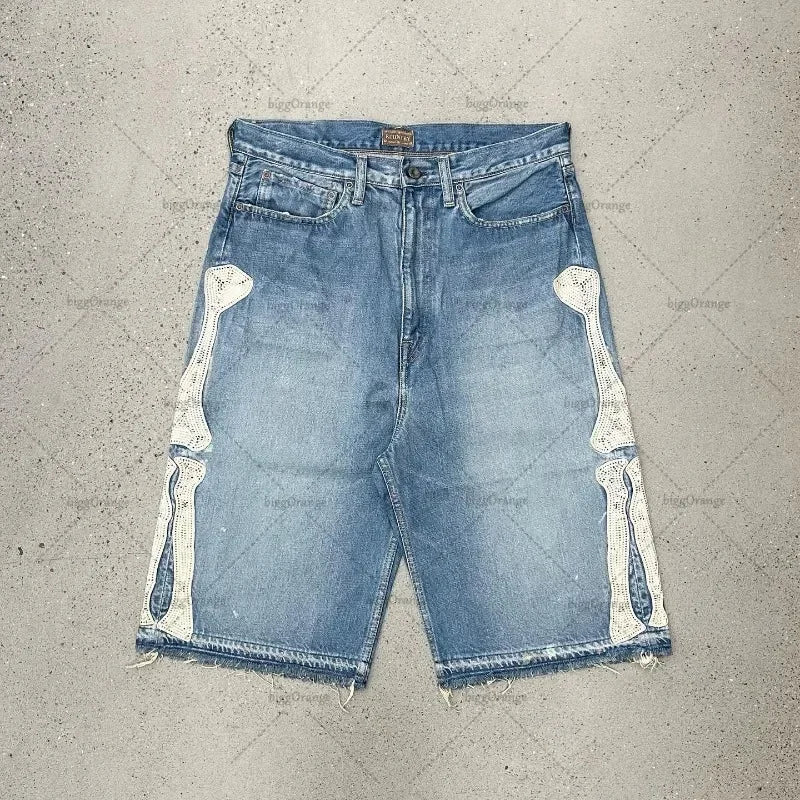 American Street  Retro Denim Shorts with Letter Embroidery Oversized Jeans Men  Loose Casual Versatile Shorts
