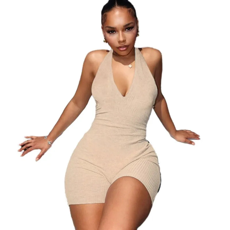 Ribbed Lace-up Bodycon Romper Women Sporty Casual Basic Solid Backless Skinny Elastic  Halter Playsuit Summer Trend Sexy Club