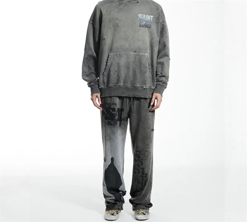 High Street Men Women Hip Hop Best Pants Vintage SAINT LOUIS Drawstring Destruction Splattered Ink Letters Print Sweatpants