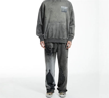High Street Men Women Hip Hop Best Pants Vintage SAINT LOUIS Drawstring Destruction Splattered Ink Letters Print Sweatpants