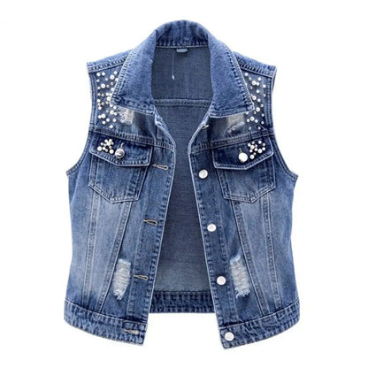 Faux Pearl Beads Women Vest Single-breasted Vintage Cowboy Waistcoat Hole Hip Hop Waistcoat Denim Waistcoat Sleeveless Jacket
