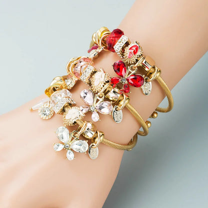 Stainless Steel Mixed Beads Butterfly Adjustable Bracelet with Crystals Letter Tag for Women DIY Jewelry