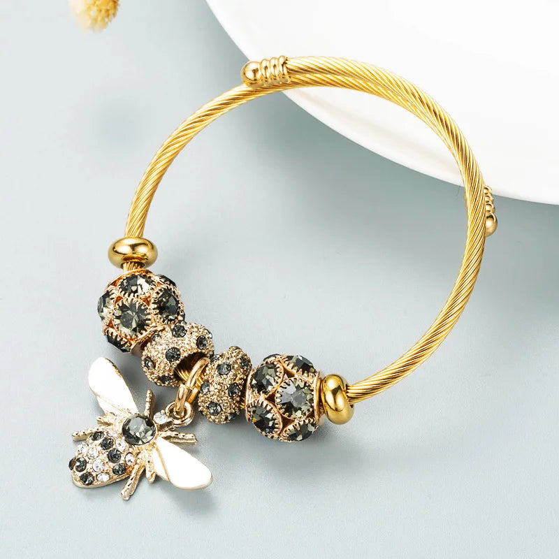 Stainless Steel Mixed Beads Butterfly Adjustable Bracelet with Crystals Letter Tag for Women DIY Jewelry