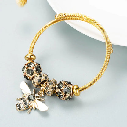 Stainless Steel Mixed Beads Butterfly Adjustable Bracelet with Crystals Letter Tag for Women DIY Jewelry