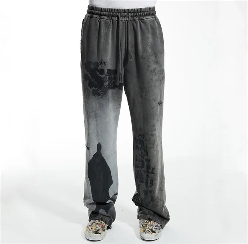 High Street Men Women Hip Hop Best Pants Vintage SAINT LOUIS Drawstring Destruction Splattered Ink Letters Print Sweatpants