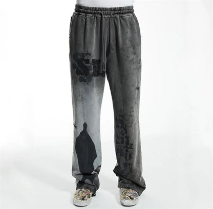 High Street Men Women Hip Hop Best Pants Vintage SAINT LOUIS Drawstring Destruction Splattered Ink Letters Print Sweatpants