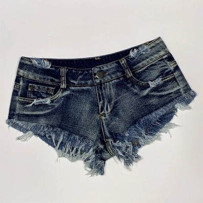 Women's Shorts Sexy Hole Rivet Low Waist Thong Denim Ultra Mini Short Female Bikini Jeans Feminino Nightclub