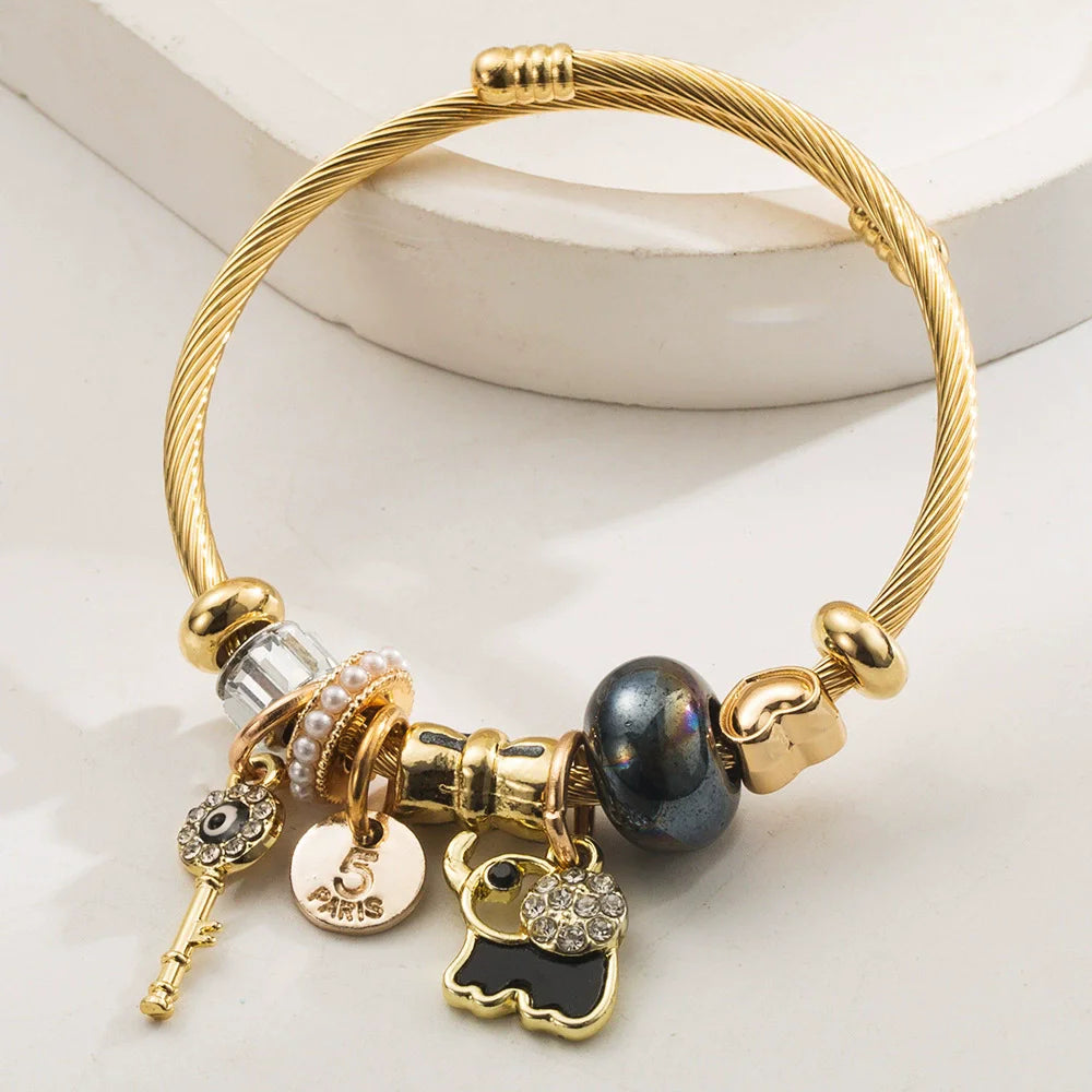 Stainless Steel Mixed Beads Butterfly Adjustable Bracelet with Crystals Letter Tag for Women DIY Jewelry