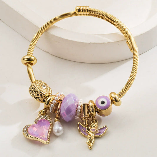 Stainless Steel Mixed Beads Butterfly Adjustable Bracelet with Crystals Letter Tag for Women DIY Jewelry