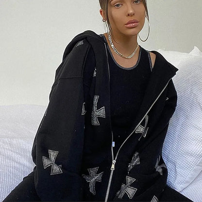 European and American loose top cross hot diamond hoodie women's high street  retro hip hop zipper Y2K hooded sweatshirt