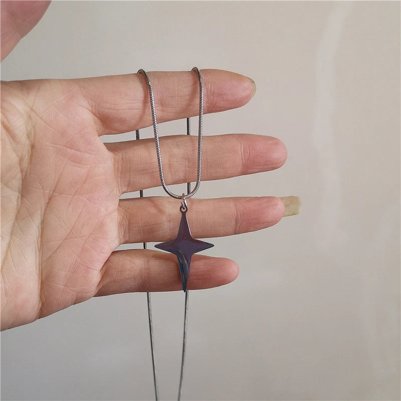 Kpop Vintage Punk Silver Color Star Pendant Bead Necklace for Men Women Street Hip Hop Aesthetic Grunge Jewelry Y2K Accessories