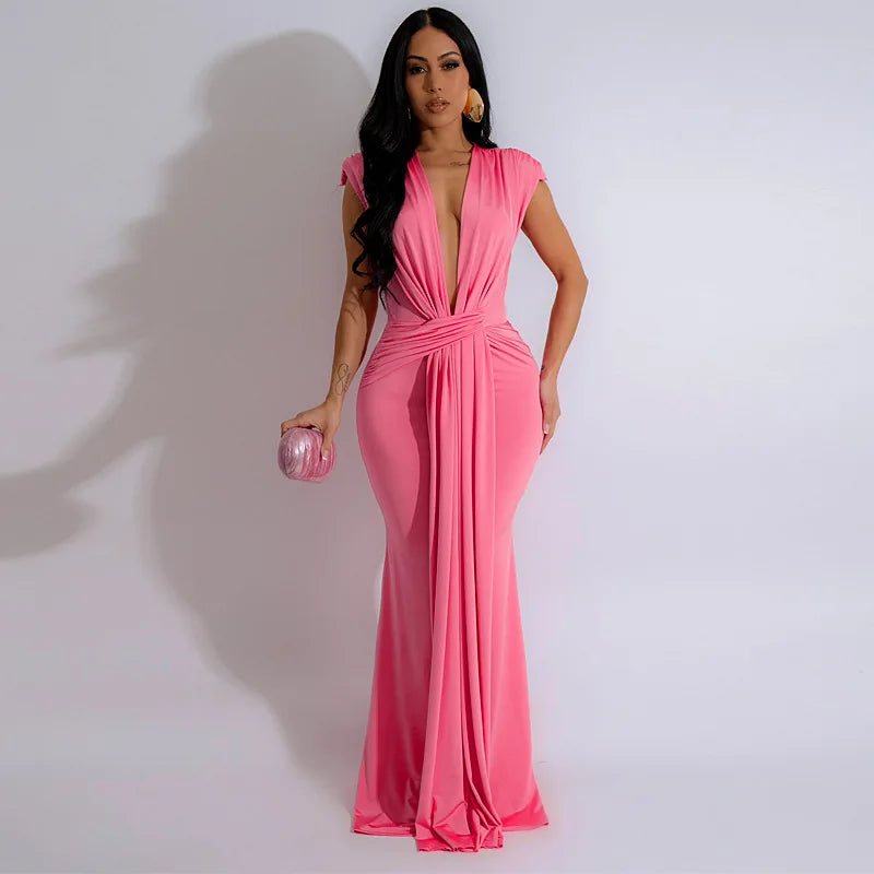 Summer Solid Color High Waisted Long Dress 2024 New Elegant Deep V-neck Sexy Short Sleeved Dress