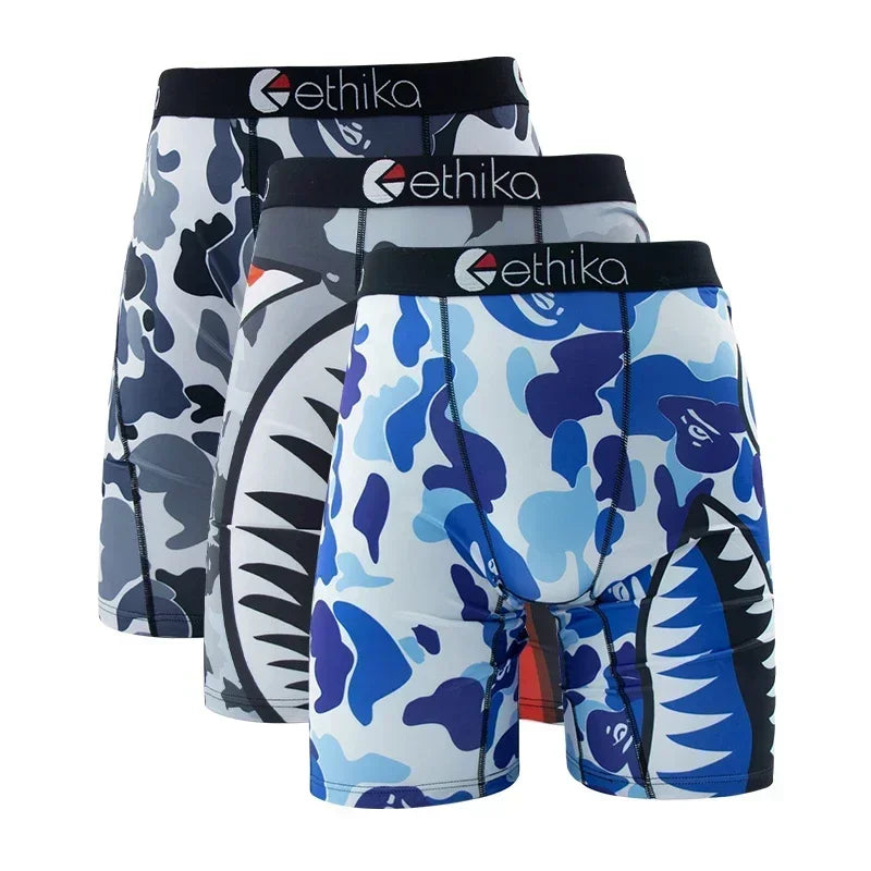 3Pcs ETHIKA Sexy Men Underwear Boxers Fashion Shark Print Underpants Breathable Panties Lingeries Plus Size Boxer Briefs Trunks