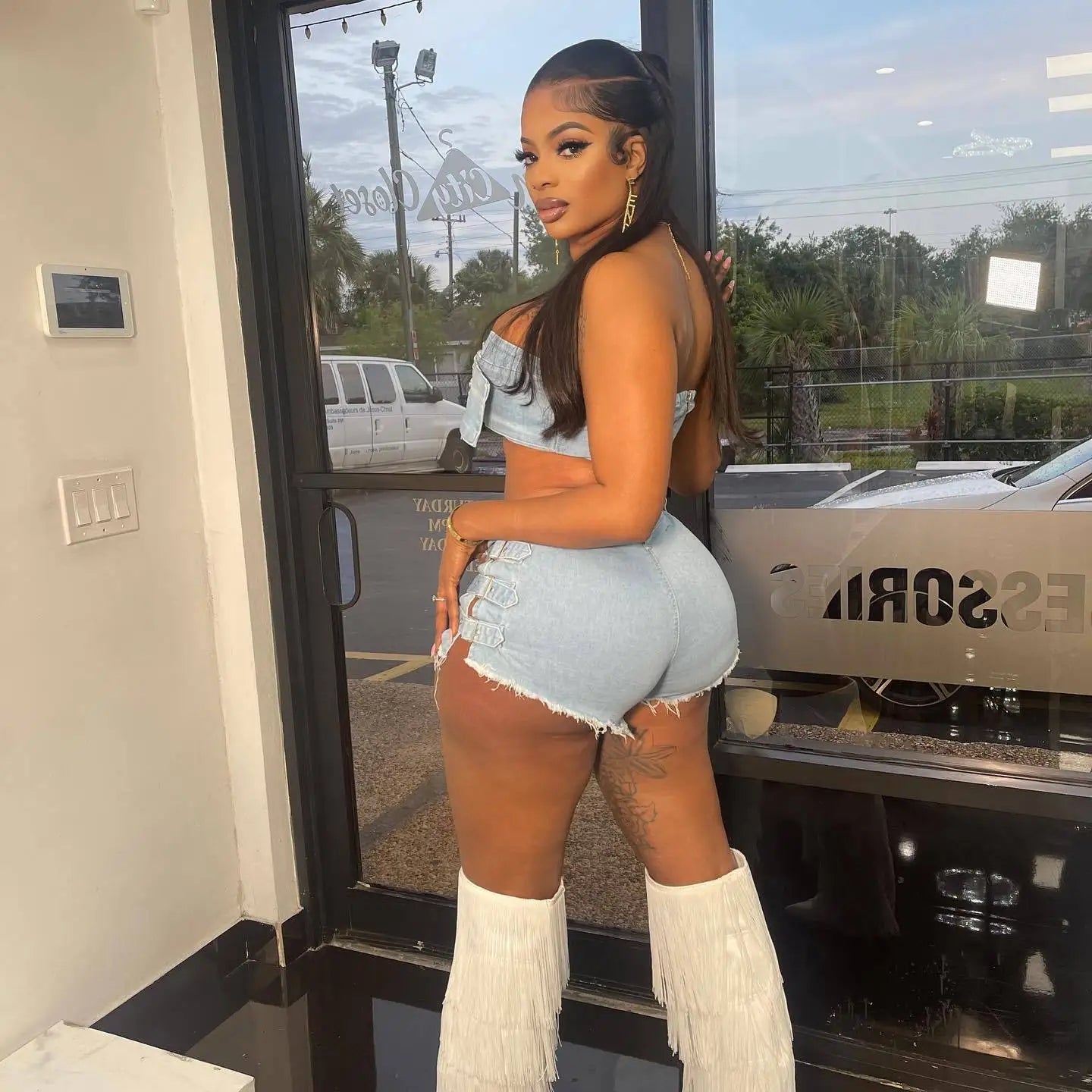 Streetwear Jeans Shorts Outfit Set Sexy Women Elegant Two Pieces Denim Club Matching Set Top+Shorts
