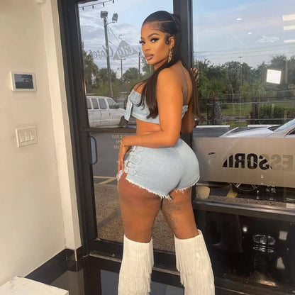 Streetwear Jeans Shorts Outfit Set Sexy Women Elegant Two Pieces Denim Club Matching Set Top+Shorts
