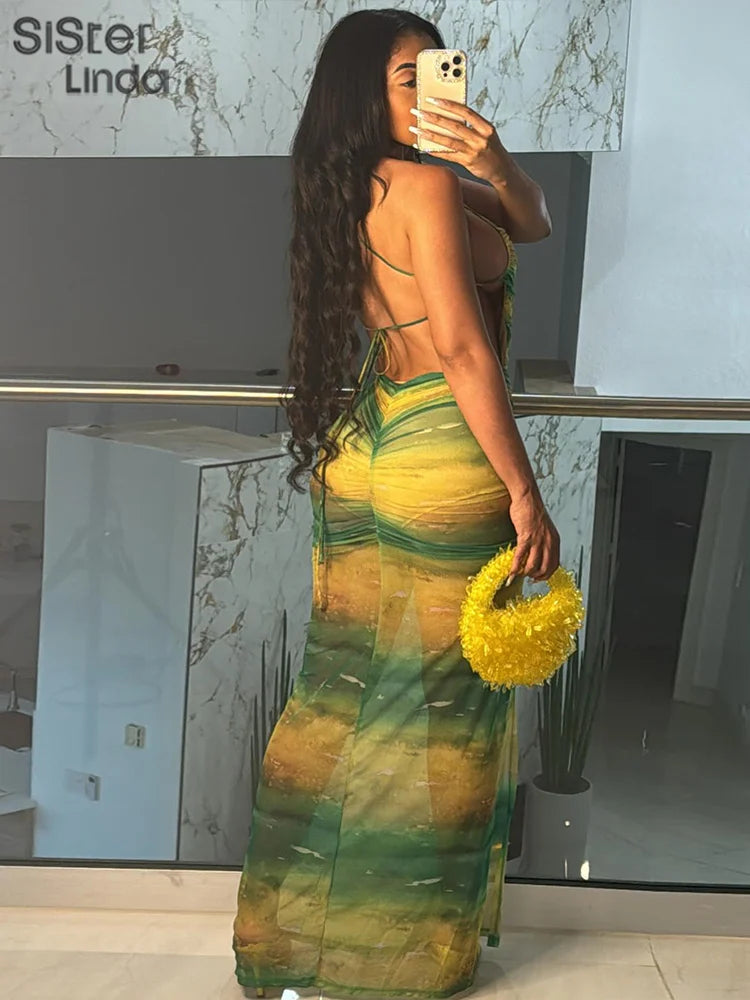 Sisterlinda Vintage Contrast Long Dress Women Cross Bandage Backless Shirring Split Bodycon Mujer Elegant Evening Party Vestidos