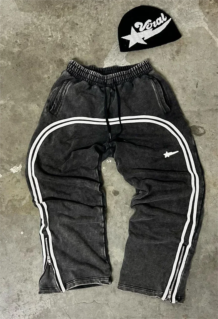 High Street Hip Hop Flared Sweatpants Striped Side Zipper Design Elastic Waist Wide-Leg American Retro Trend pants