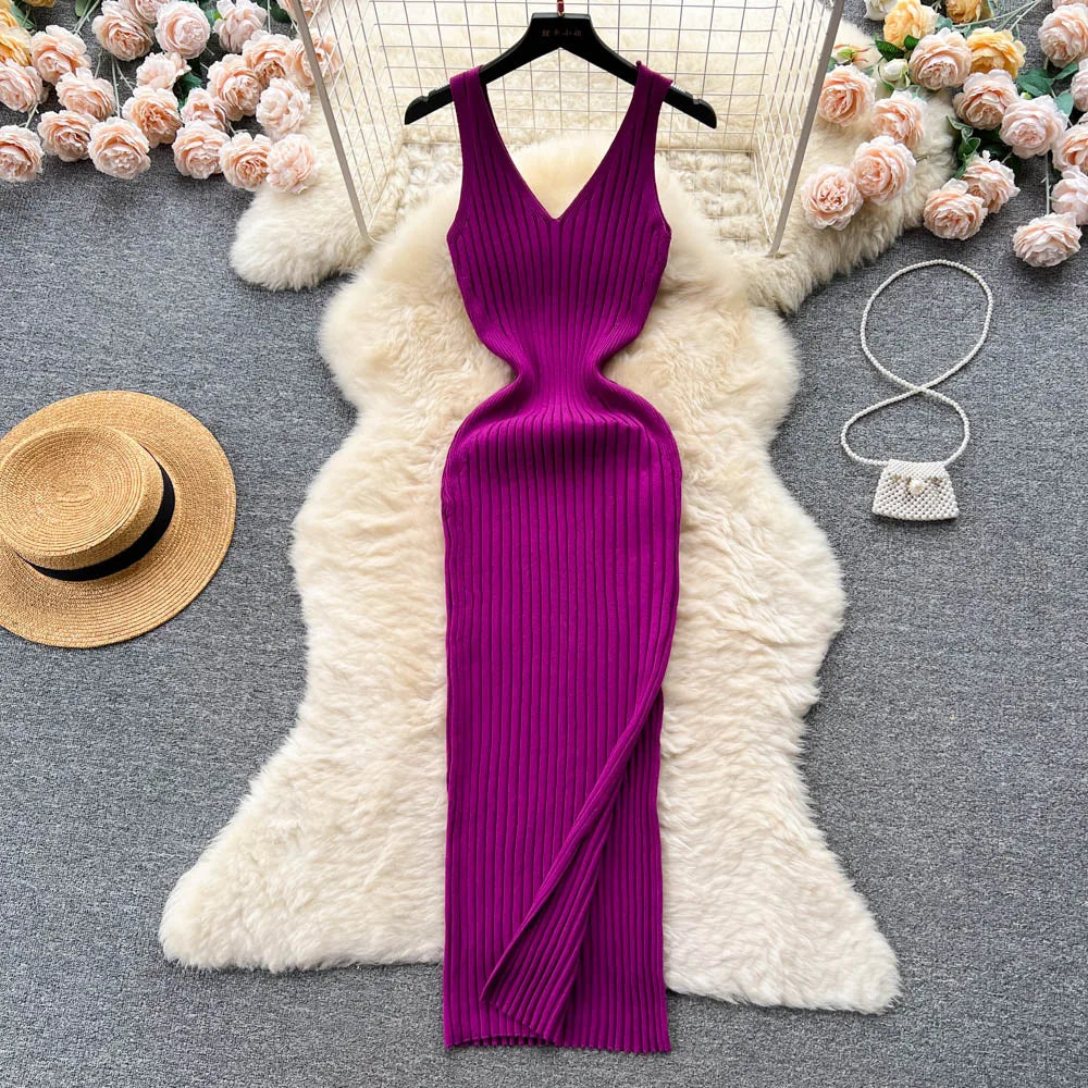 Sexy Wrap Hips Split Knitted Autumn Dress Women Slim Elastic Bodycon Long Dress Streetwear Outfits Vestido