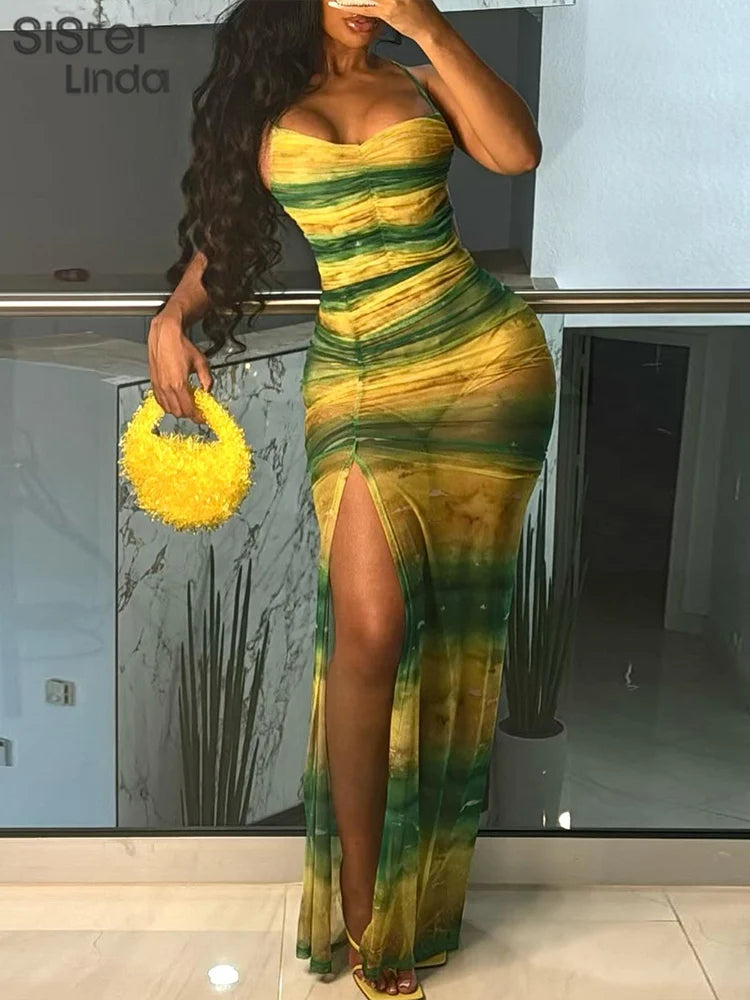 Sisterlinda Vintage Contrast Long Dress Women Cross Bandage Backless Shirring Split Bodycon Mujer Elegant Evening Party Vestidos
